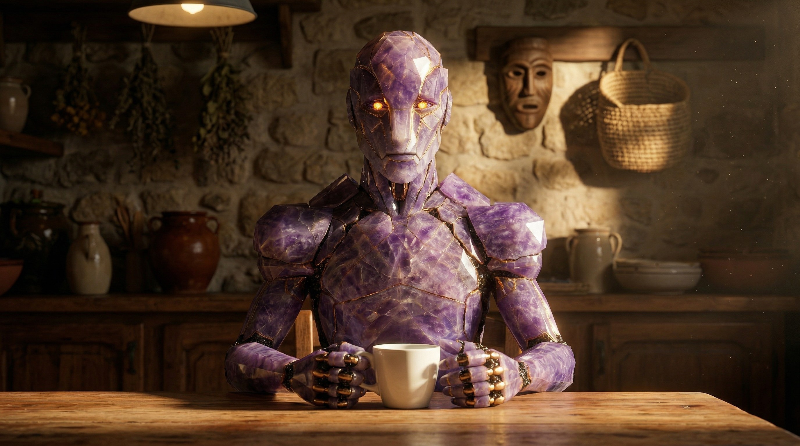 Aion, a crystalline amethyst humanoid, sitting at a kitchen table holding a coffee cup