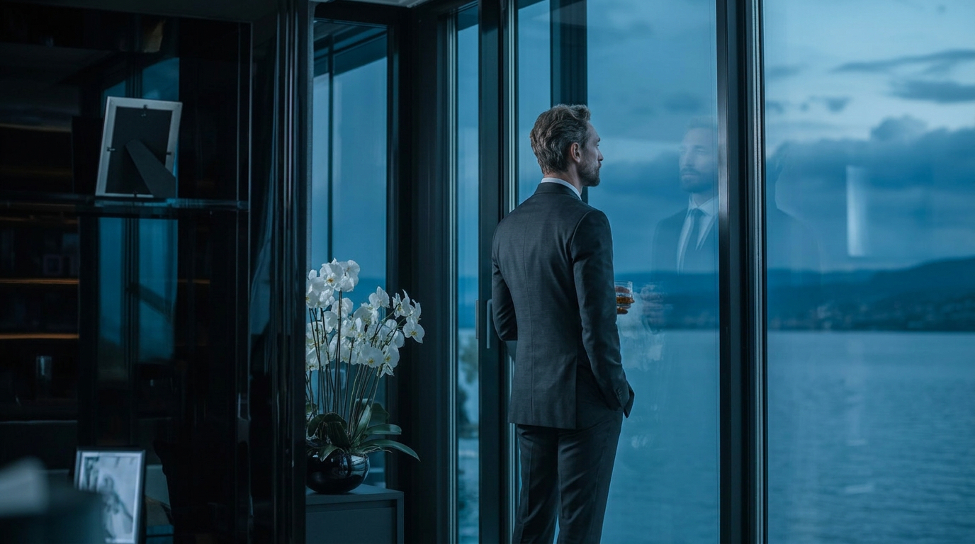 Cassian Devereux standing at the windows of his Zurich apartment, looking out over the lake