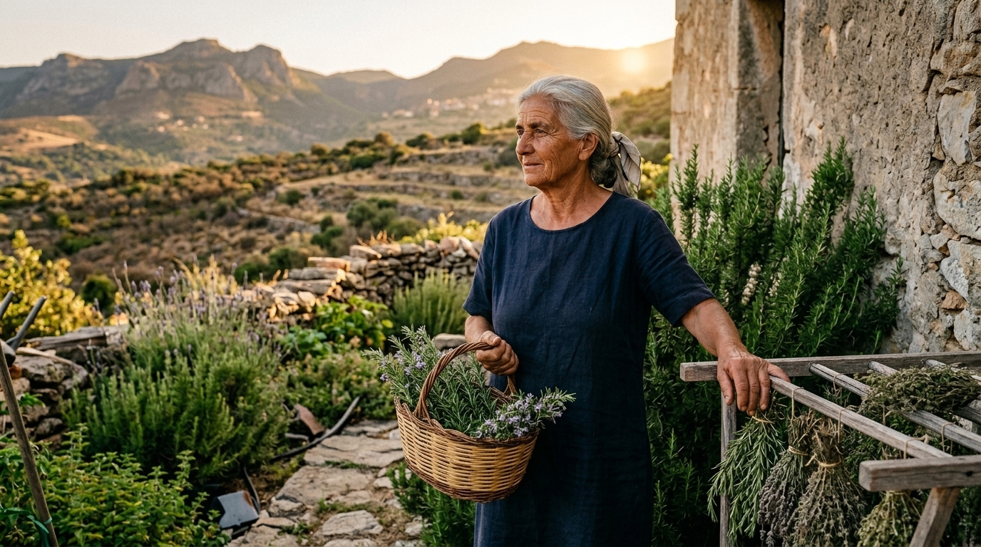 Elena Podda carrying a basket of herbs on a Sardinian hillside at golden hour