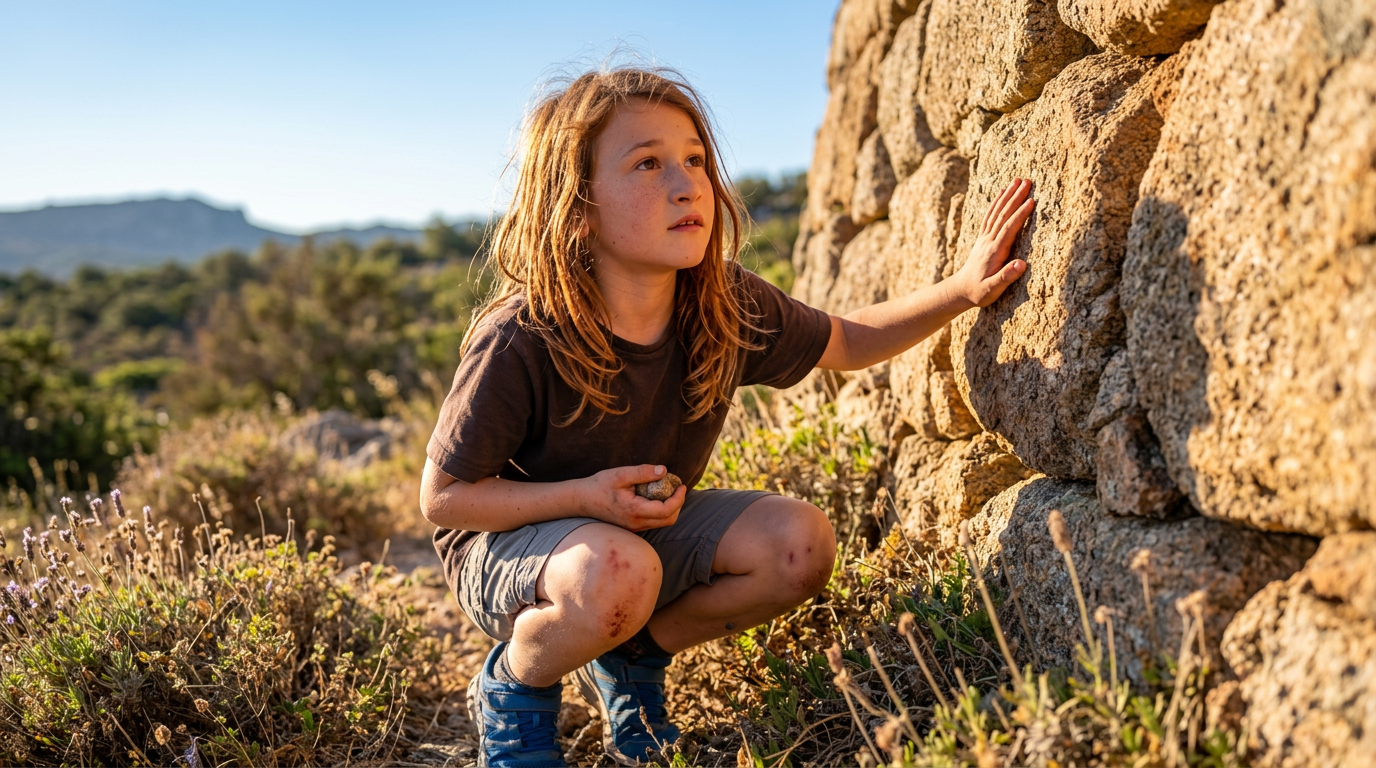 Leo Serras crouching beside ancient stone walls in the Sardinian countryside
