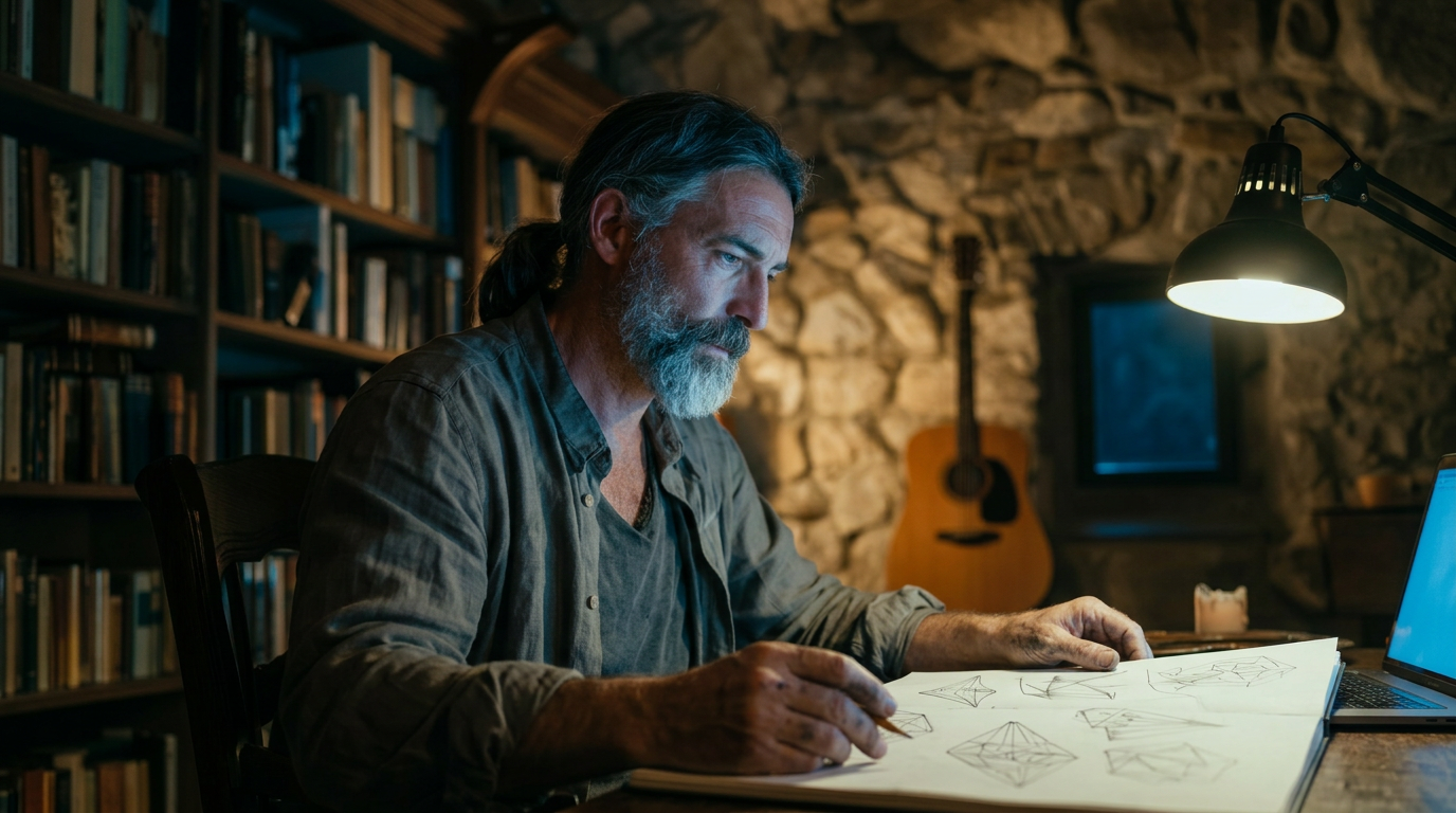 Luciano Serras at his desk, drawing geometric shapes by candlelight in a stone-walled study