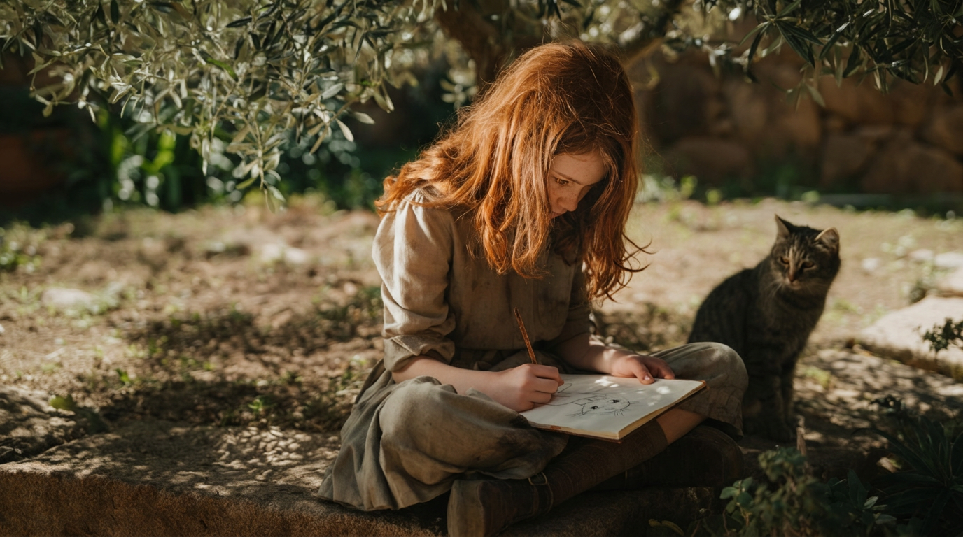 Lyra Serras drawing in her sketchbook under olive trees