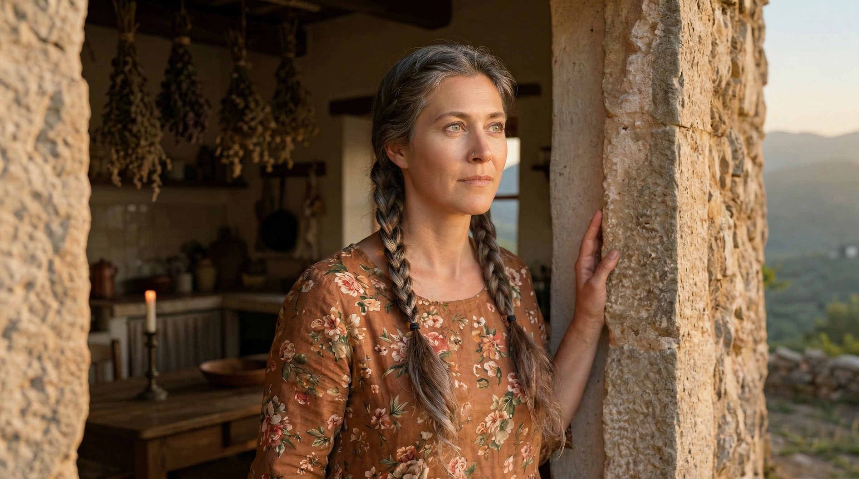 Rowan Serras standing at a stone doorstep, gazing across the Sardinian landscape